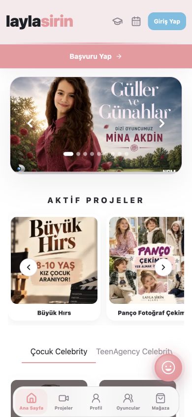 iPhone görünümünde Layla Şirin ana sayfası: Mina Akdin sliderı, aktif projeler ve ana menü